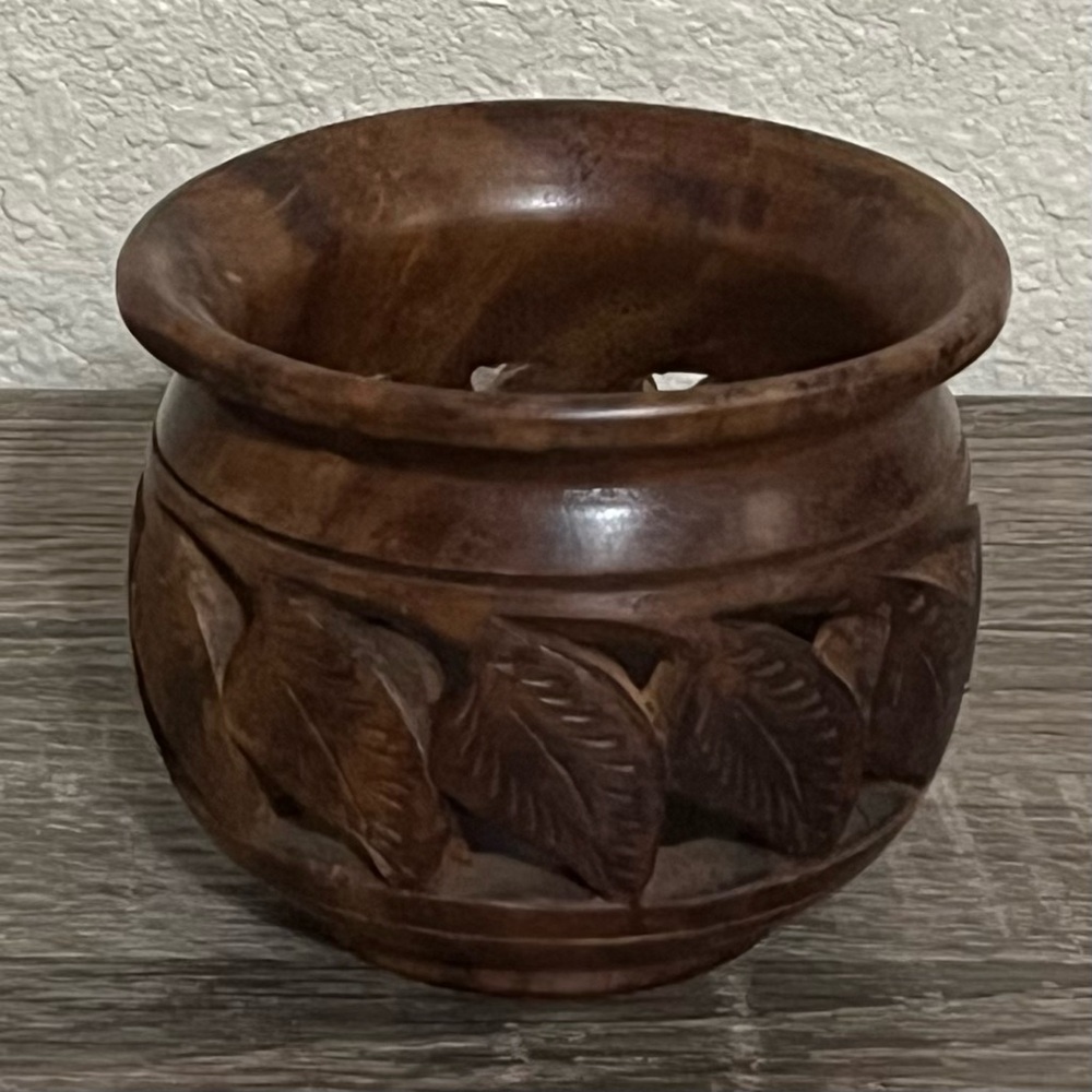 Hand Carved Wooden Acadia Candle Holder With Cutout Leaves Bohemian Decor - Picture 6 of 9